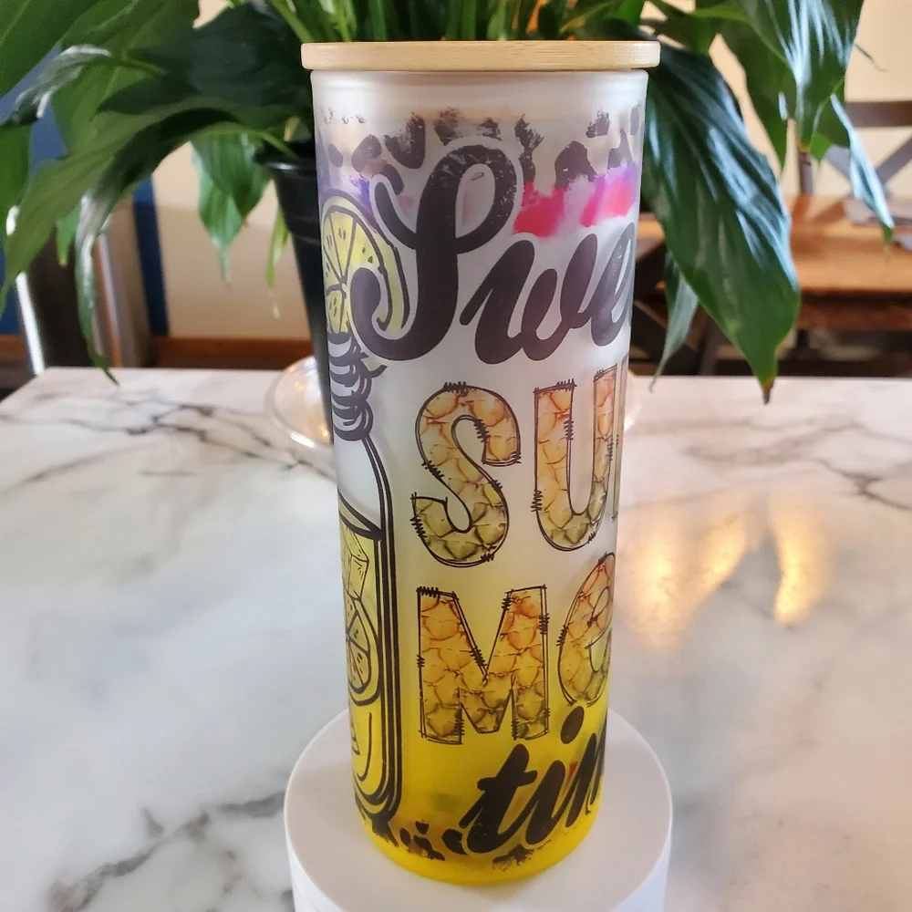 Sweet SUMMER time 20oz Gradient Yellow Glass Tumbler with duo lids 🎉sale